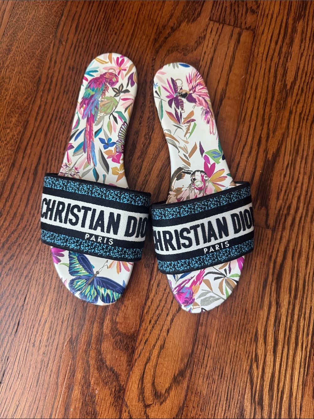 Dior Floral Slide Sandals in White with Multicolor Print